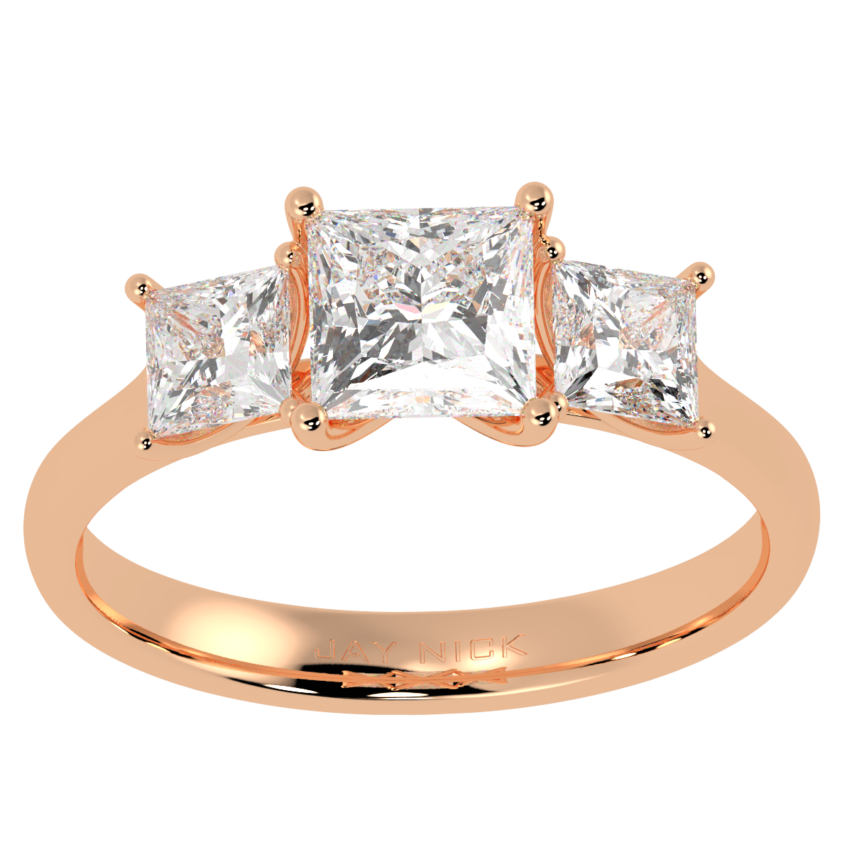 Princess Cut Trilogy Ring in rose gold, top view