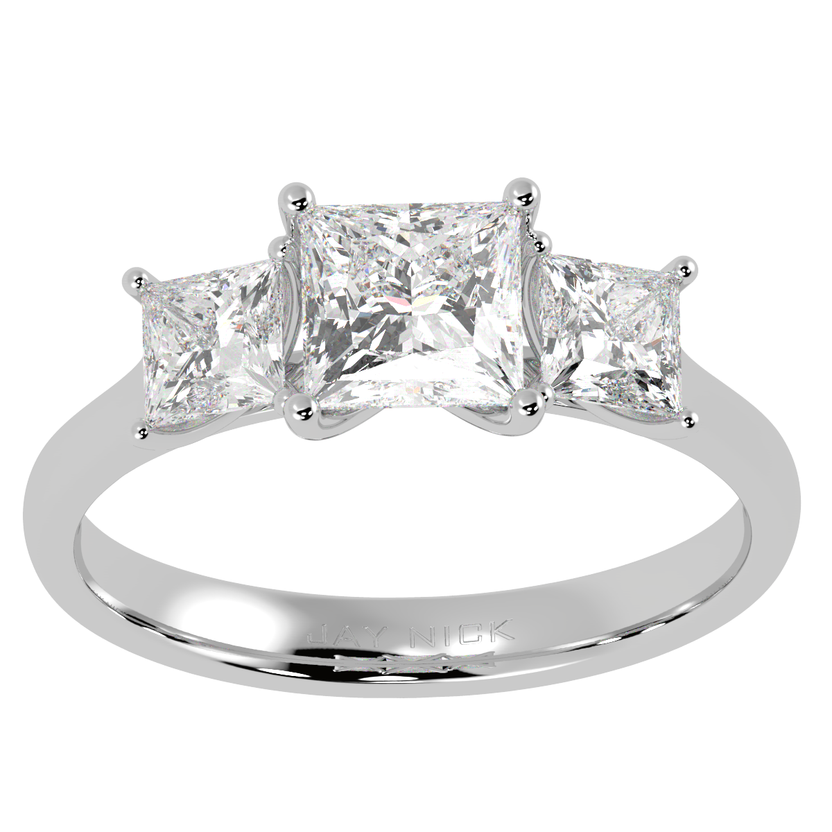 Princess Cut Trilogy Ring in white gold or platinum, top view