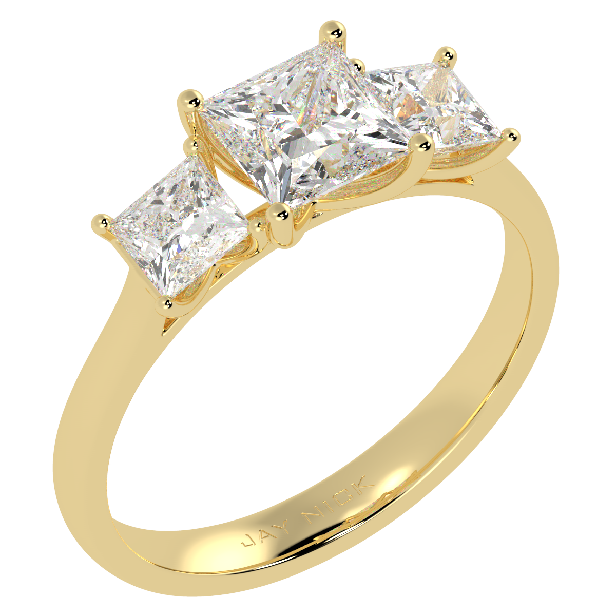 Princess Cut Trilogy Ring in yellow gold, perspective view