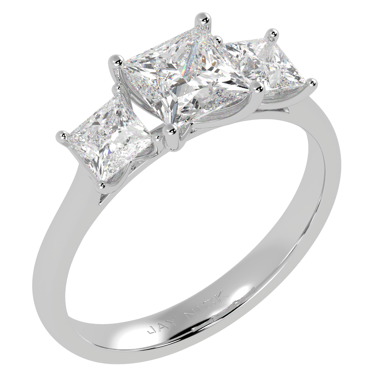 Princess Cut Trilogy Ring in white gold or platinum, perspective view
