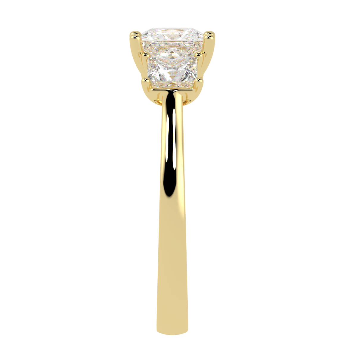 Princess Cut Trilogy Ring in yellow gold, side view