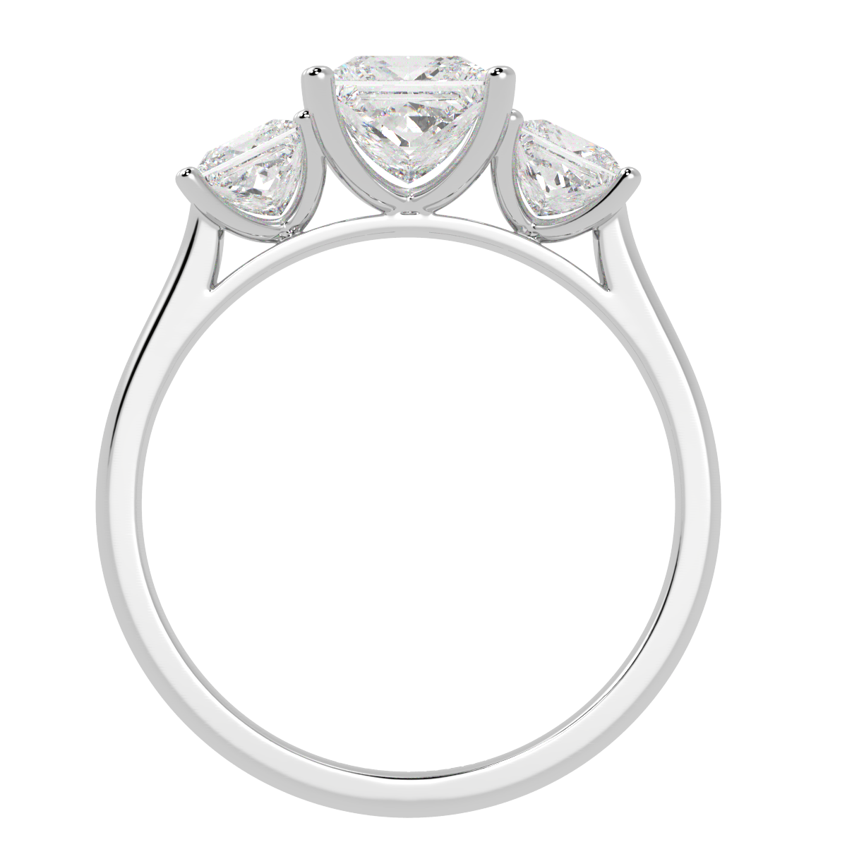 Princess Cut Trilogy Ring in white gold or platinum, flat view