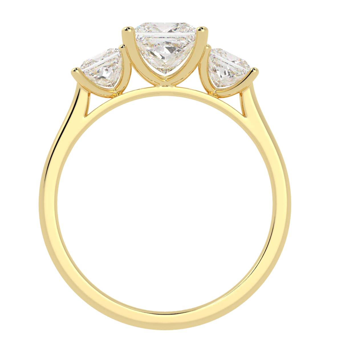 Princess Cut Trilogy Ring in yellow gold, flat view