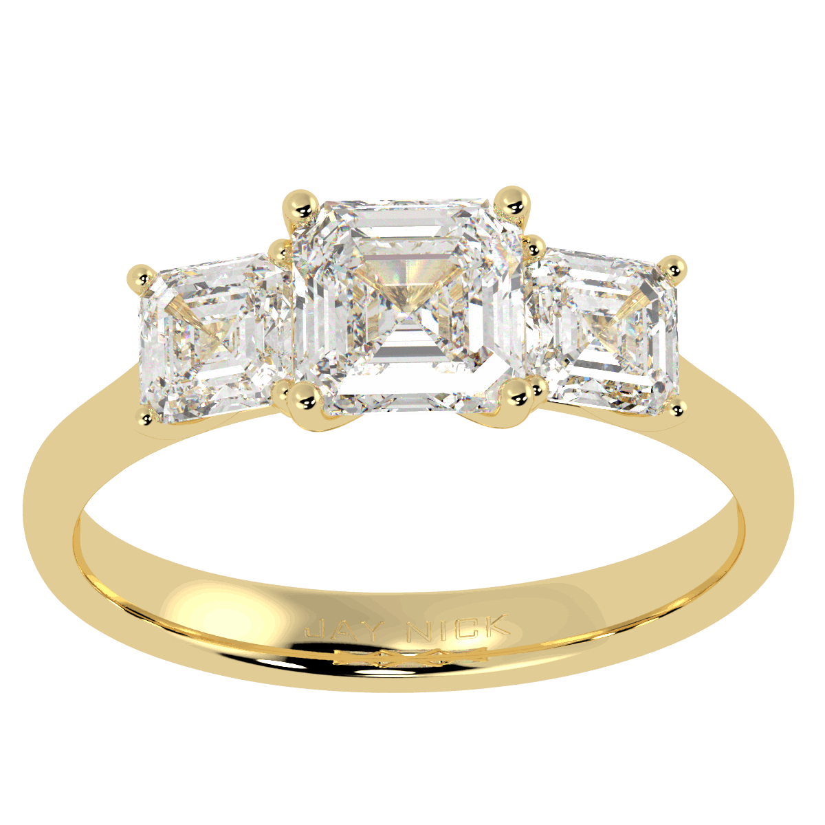 Asscher Cut Trilogy Ring in yellow gold, top view
