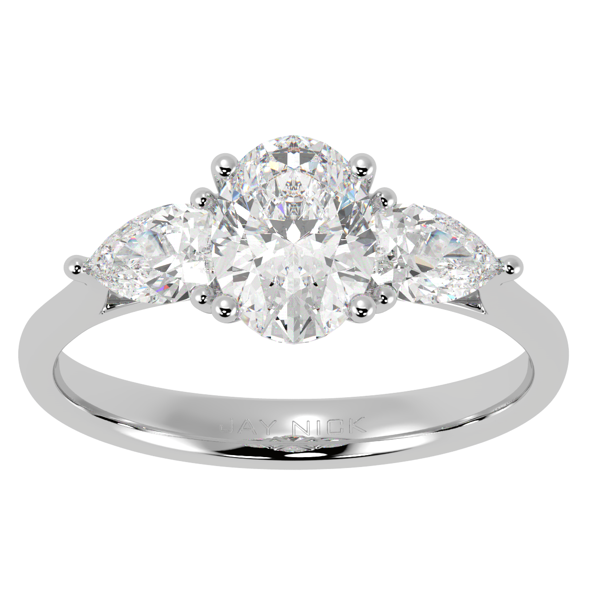 Oval & Pear Three Stone Ring in white gold or platinum, top view