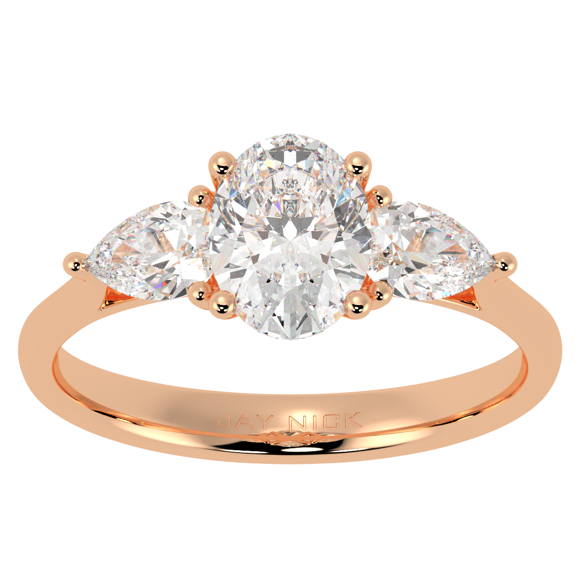Oval & Pear Three Stone Ring in rose gold, top view
