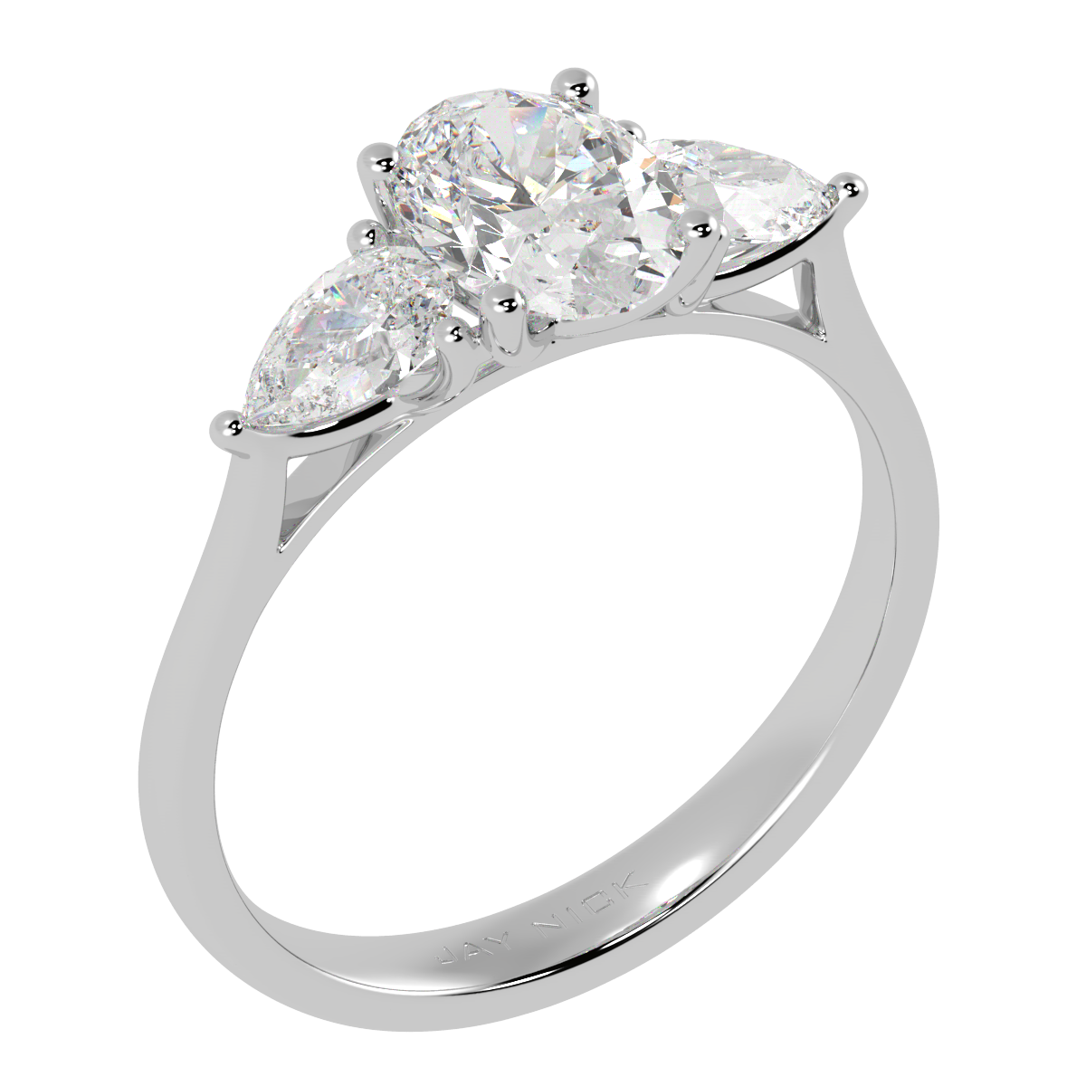 Oval & Pear Three Stone Ring in white gold or platinum, perspective view