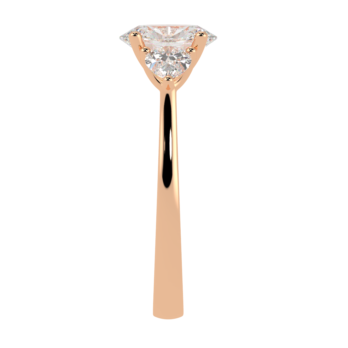 Oval & Pear Three Stone Ring in rose gold, side view