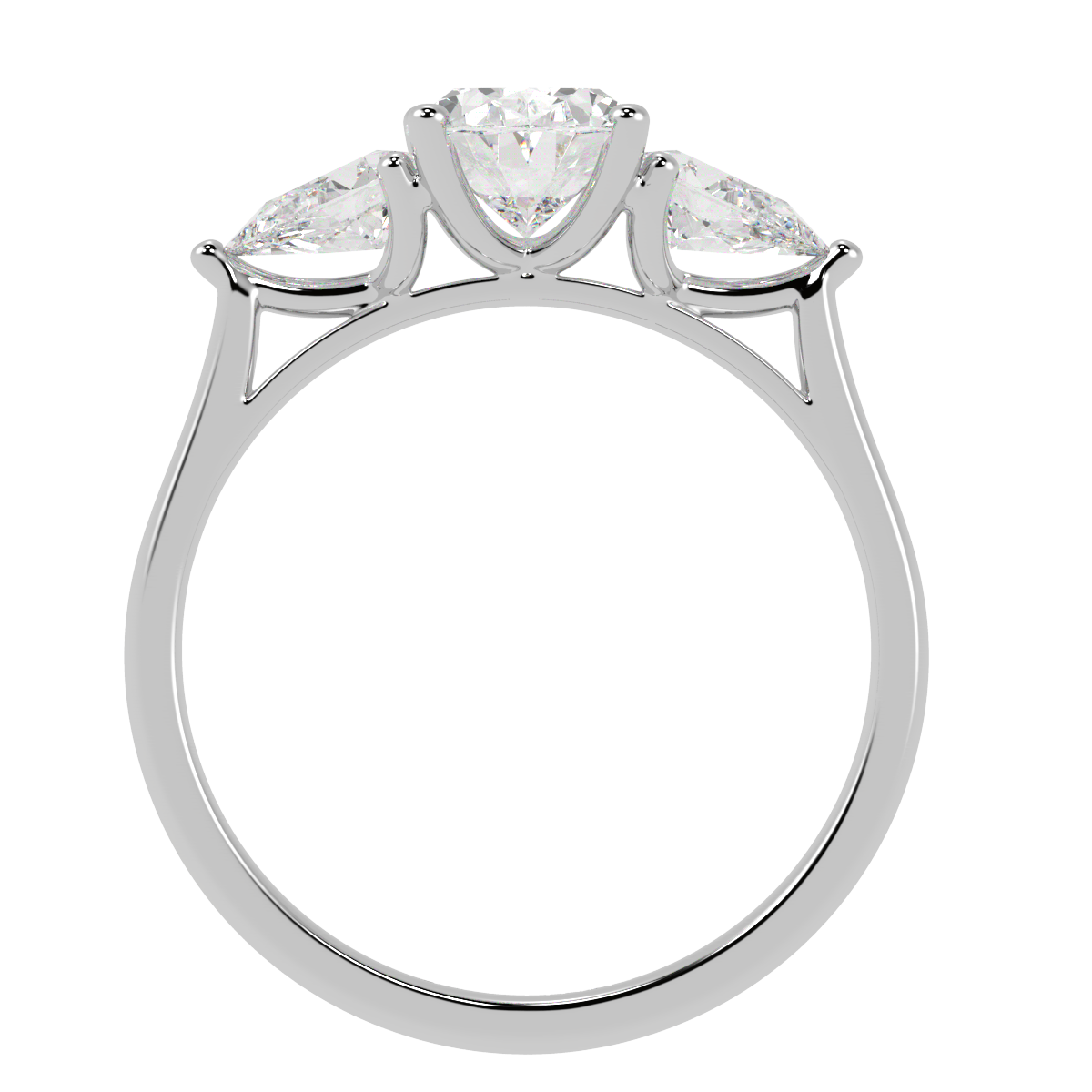 Oval & Pear Three Stone Ring in white gold or platinum, flat view