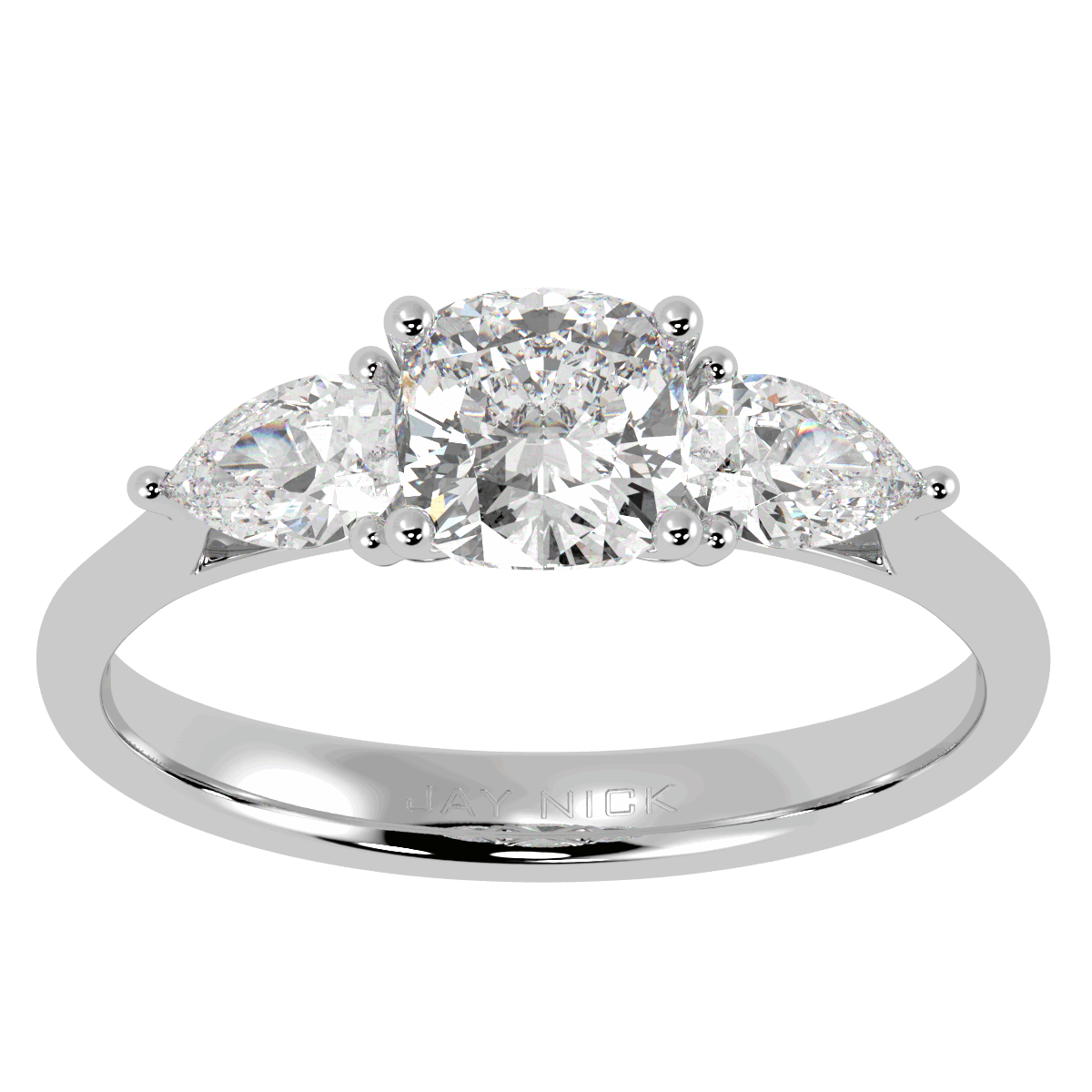 Cushion & Pear Three Stone Ring in white gold or platinum, top view