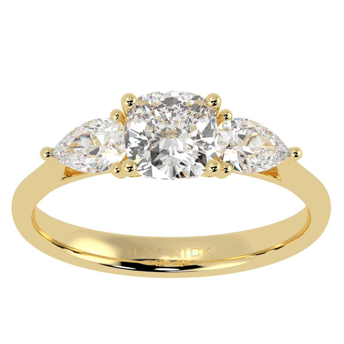 Cushion & Pear Three Stone Ring in yellow gold, top view