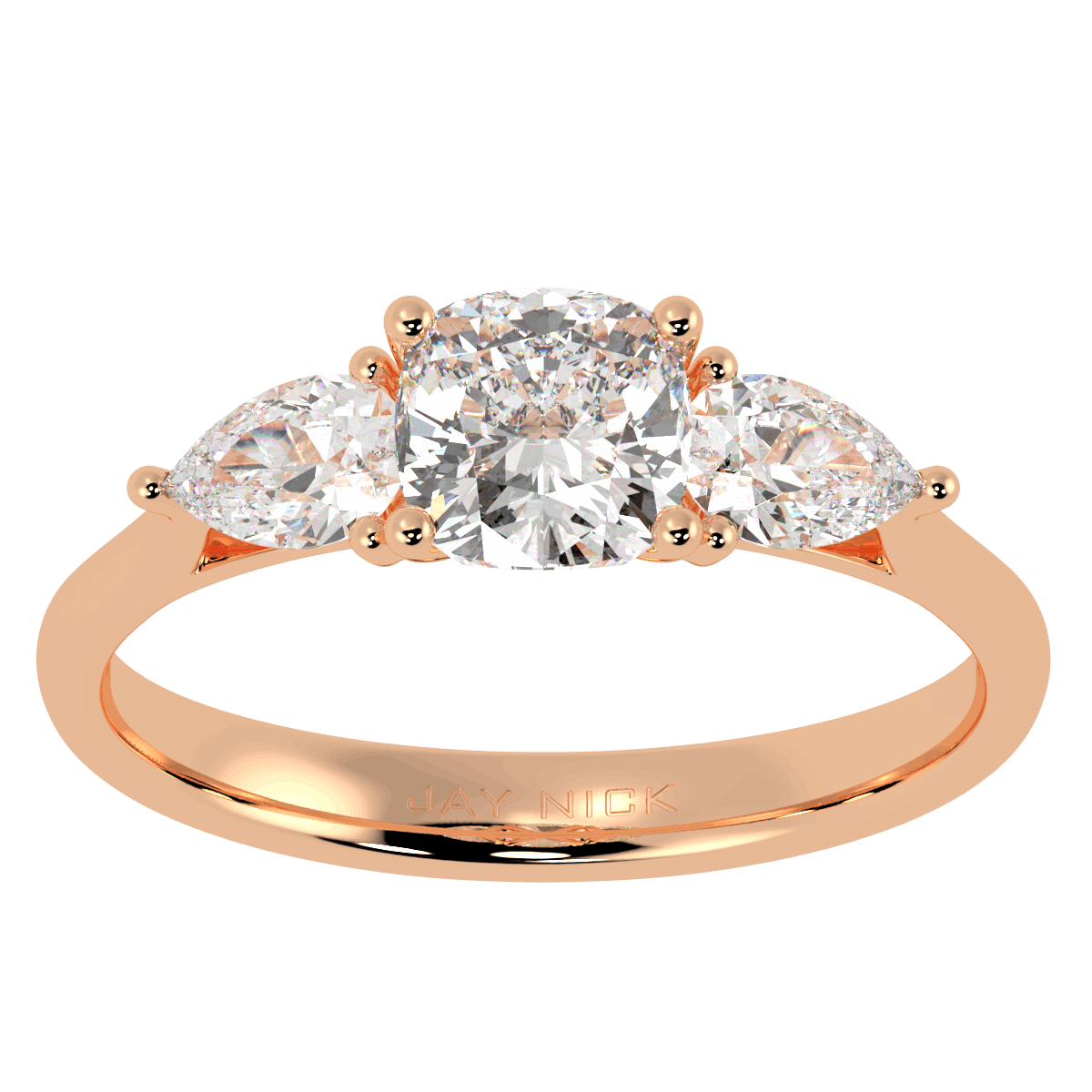 Cushion & Pear Three Stone Ring in rose gold, top view