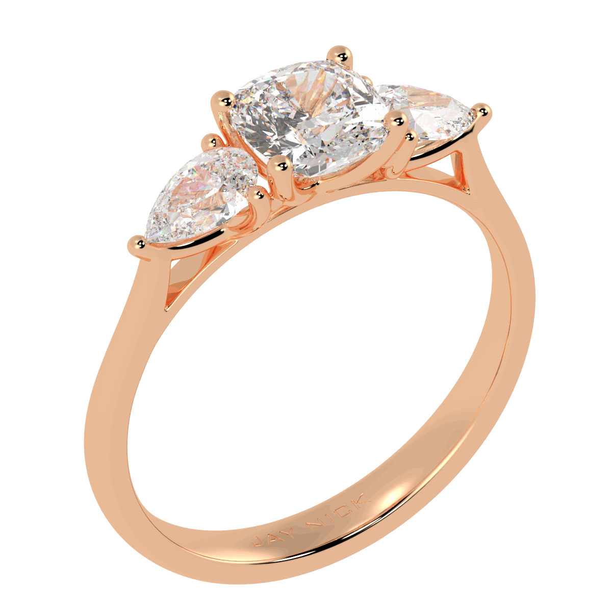 Cushion & Pear Three Stone Ring in rose gold, perspective view