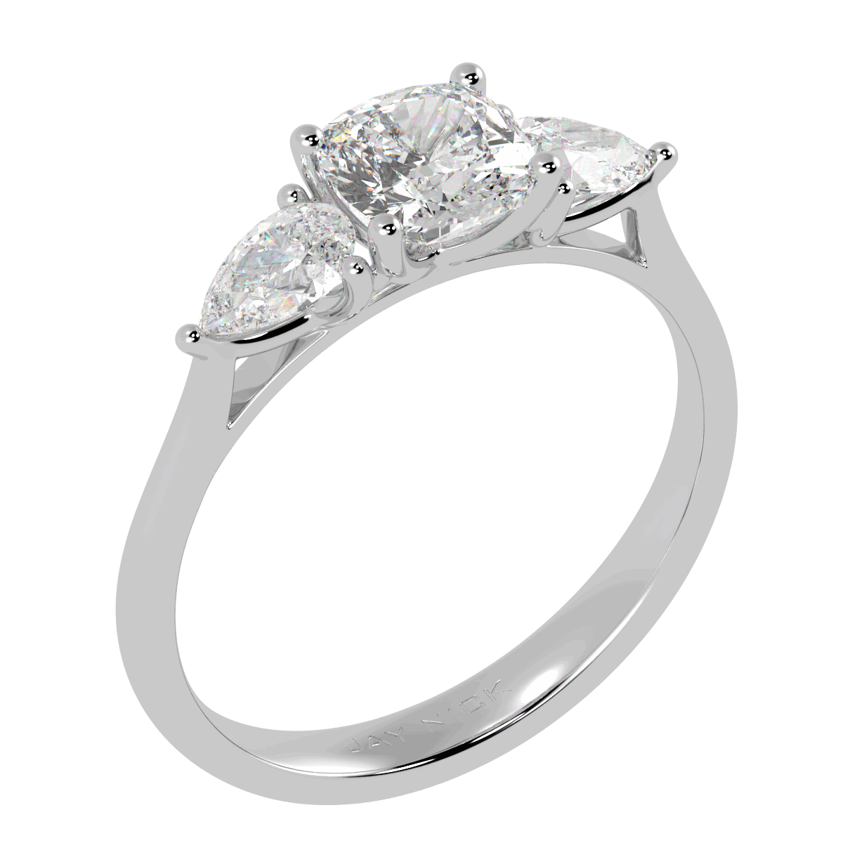Cushion & Pear Three Stone Ring in white gold or platinum, perspective view