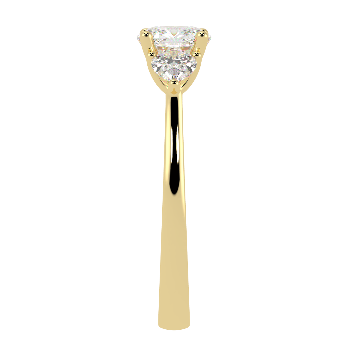Cushion & Pear Three Stone Ring in yellow gold, side view