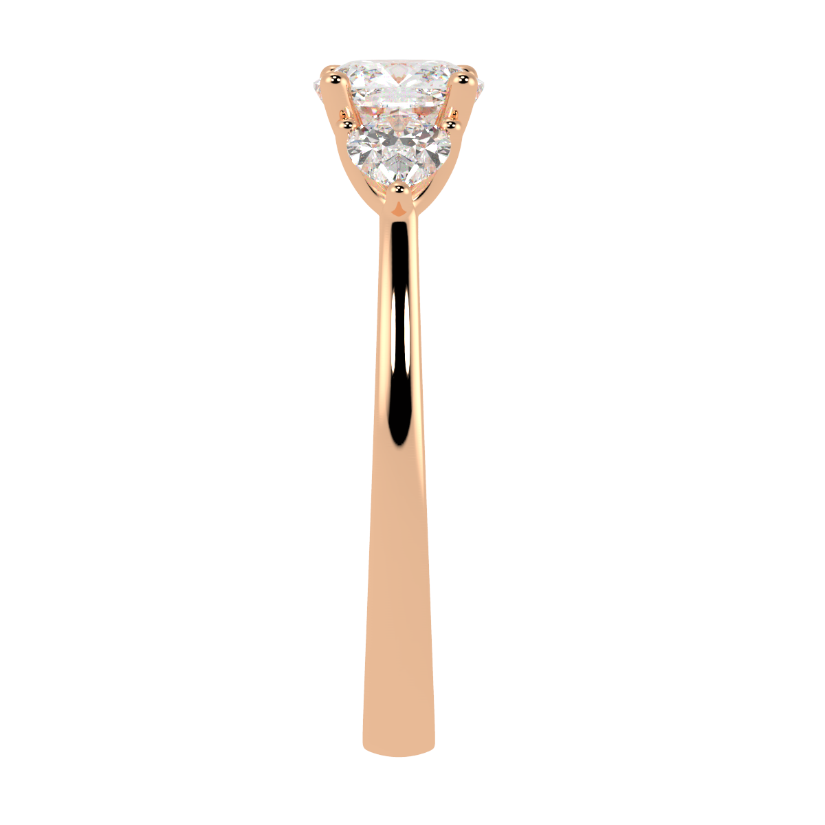 Cushion & Pear Three Stone Ring in rose gold, side view