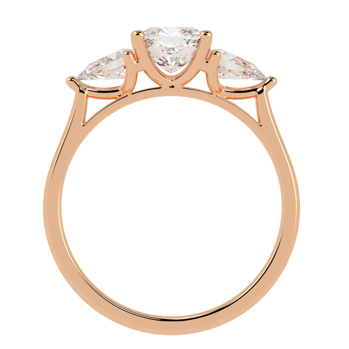 Cushion & Pear Three Stone Ring in rose gold, flat view