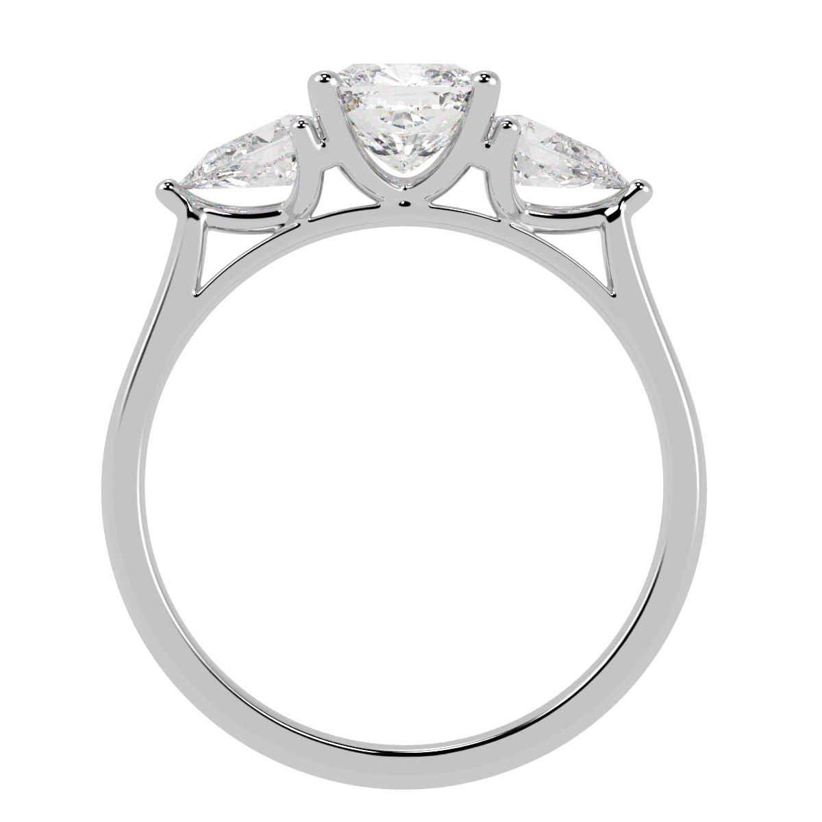 Cushion & Pear Three Stone Ring in white gold or platinum, flat view