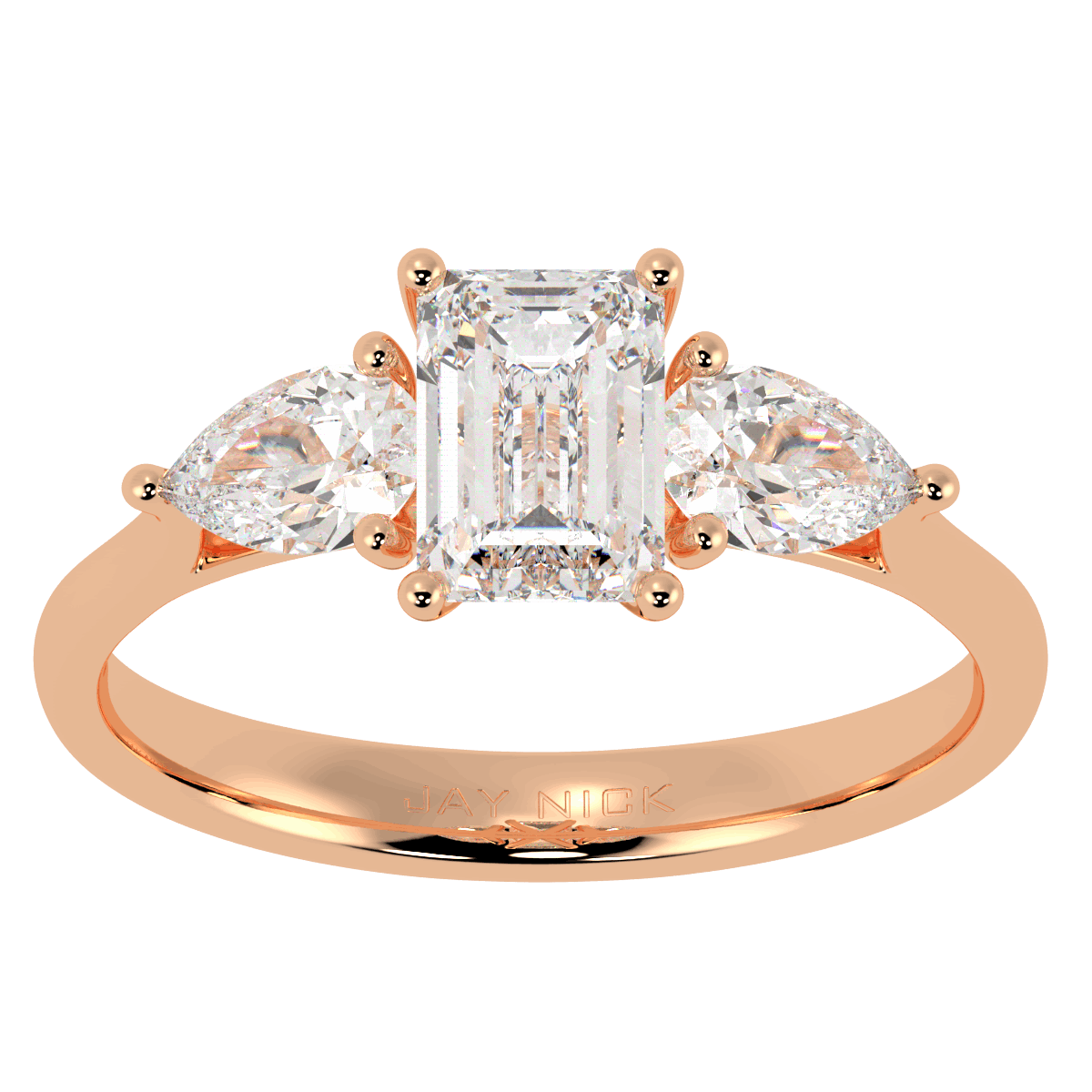 Emerald & Pear Three Stone Ring in rose gold, top view