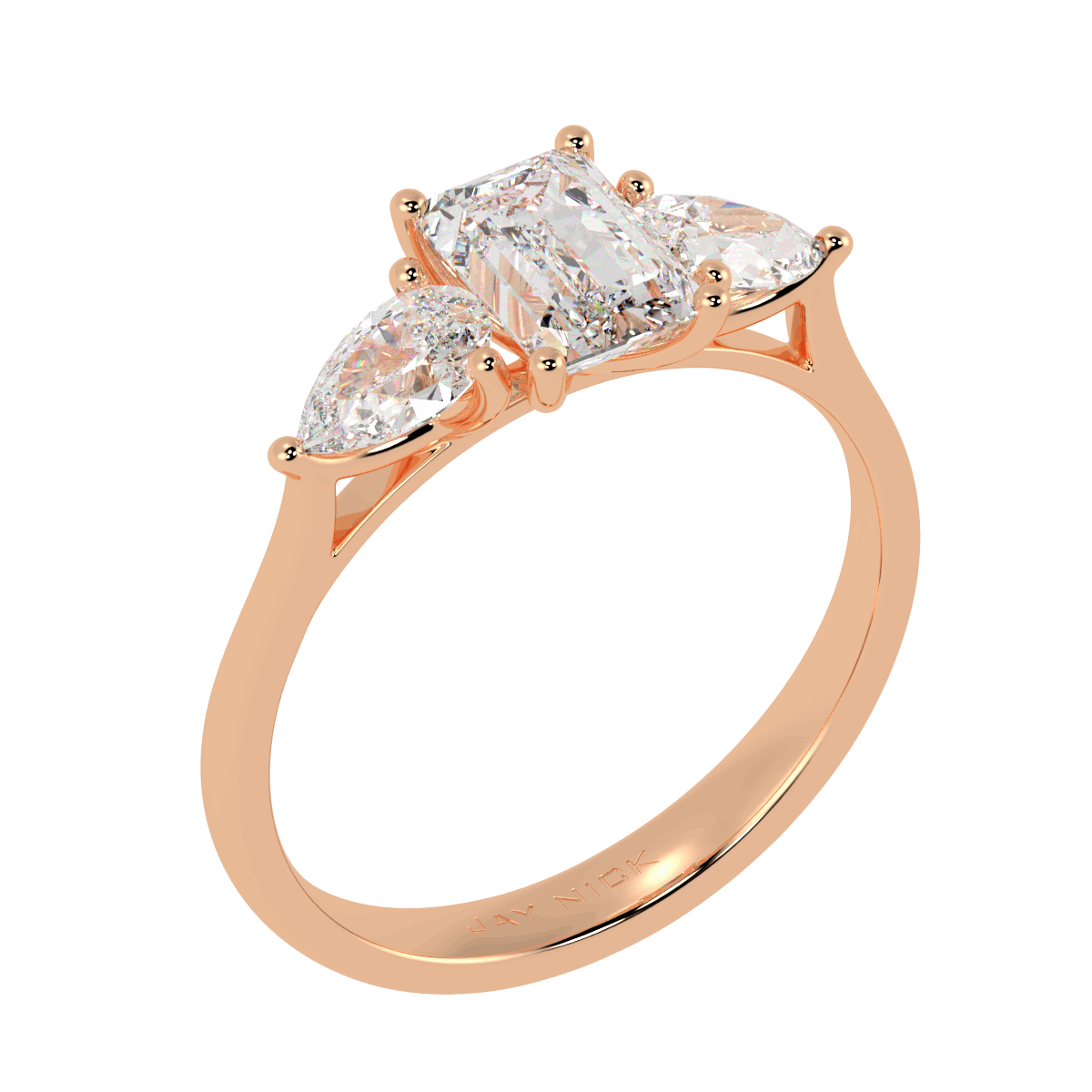 Emerald & Pear Three Stone Ring in rose gold, perspective view