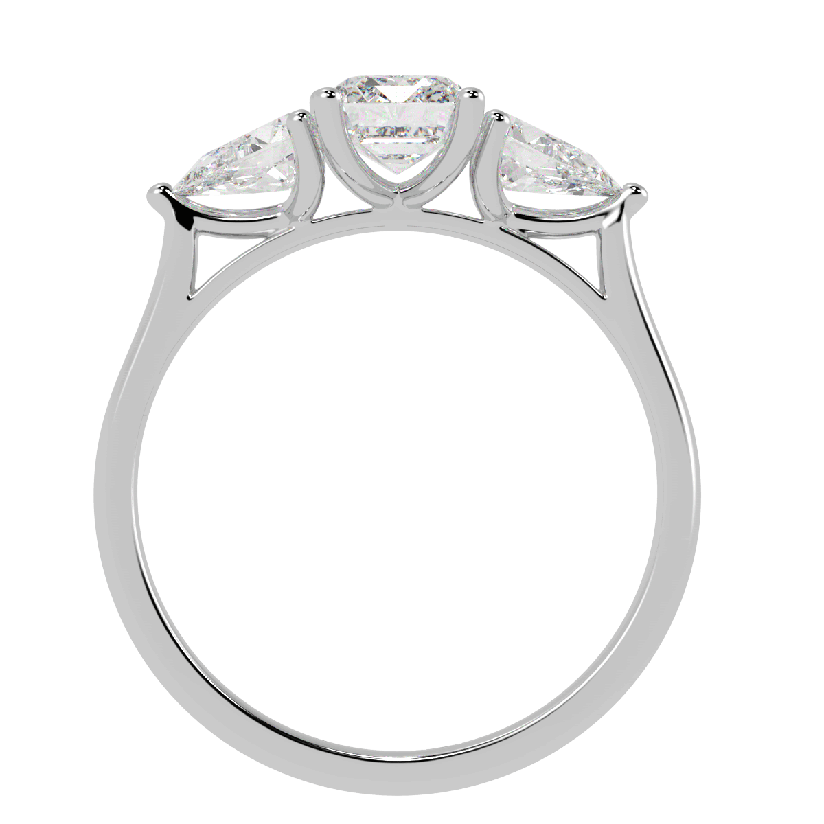 Emerald & Pear Three Stone Ring in white gold or platinum, flat view