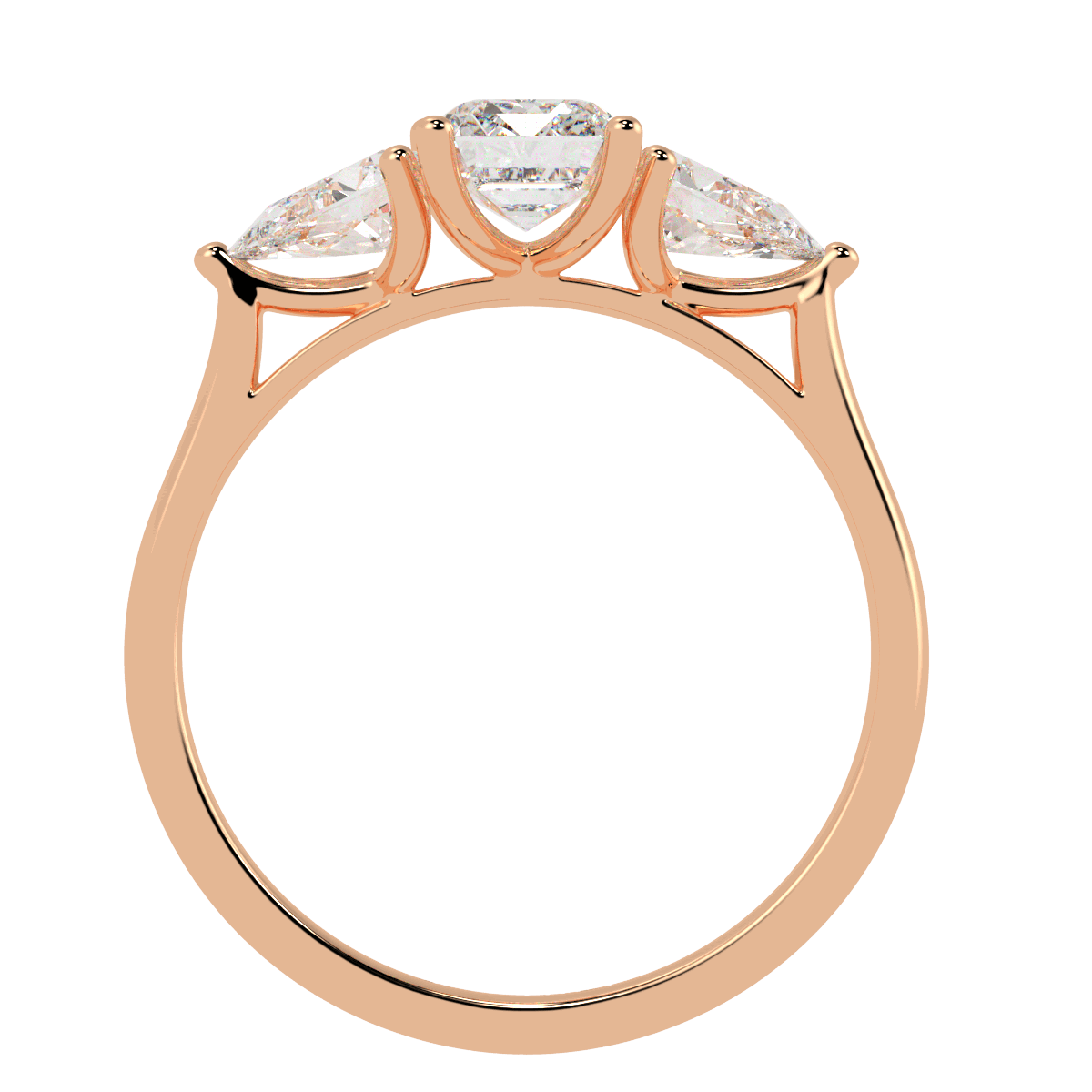 Emerald & Pear Three Stone Ring in rose gold, flat view