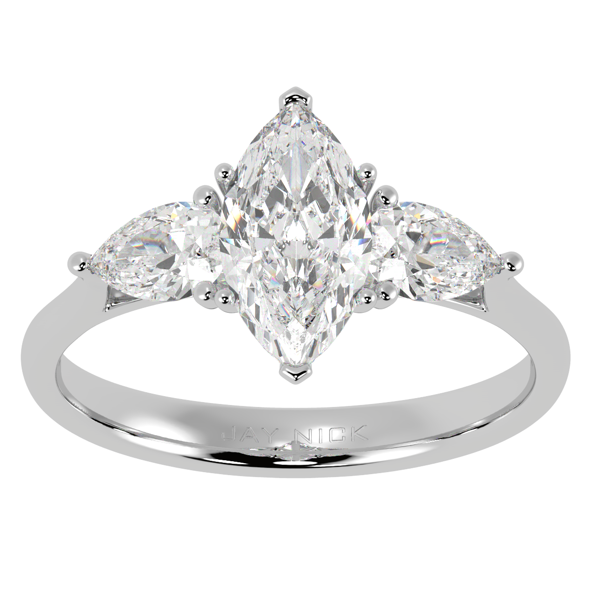 Marquise & Pear Three Stone Ring in white gold or platinum, top view