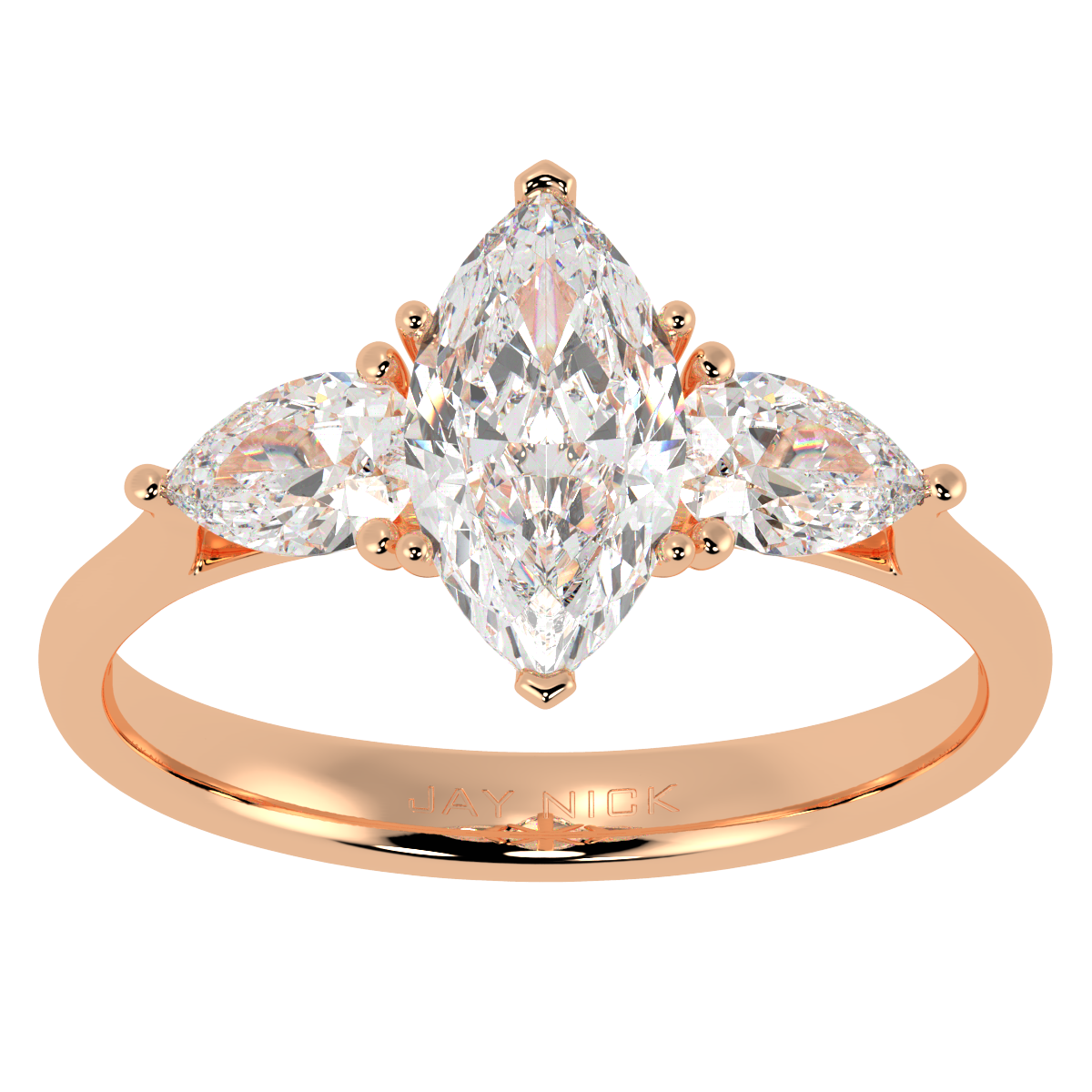 Marquise & Pear Three Stone Ring in rose gold, top view