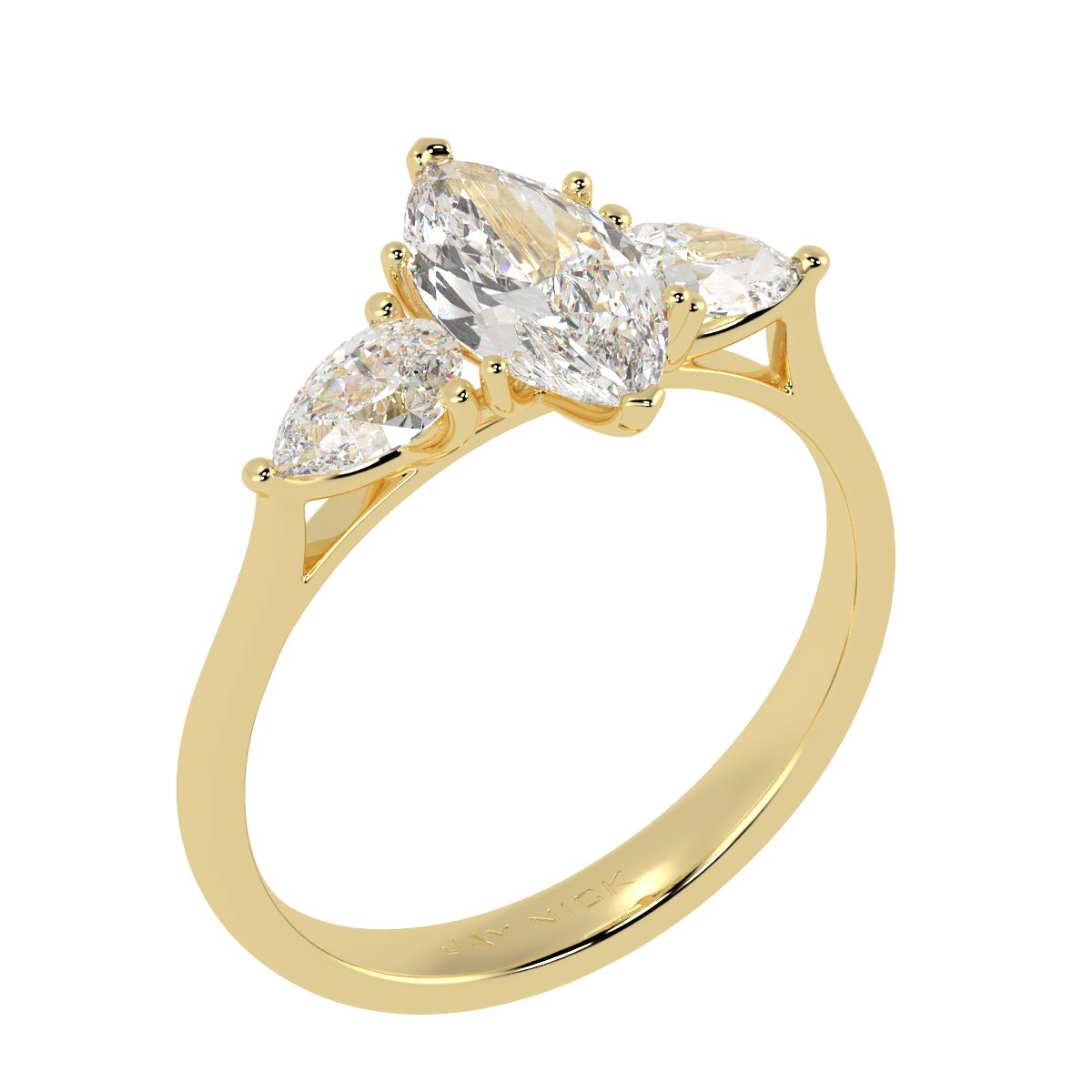 Marquise & Pear Three Stone Ring in yellow gold, perspective view