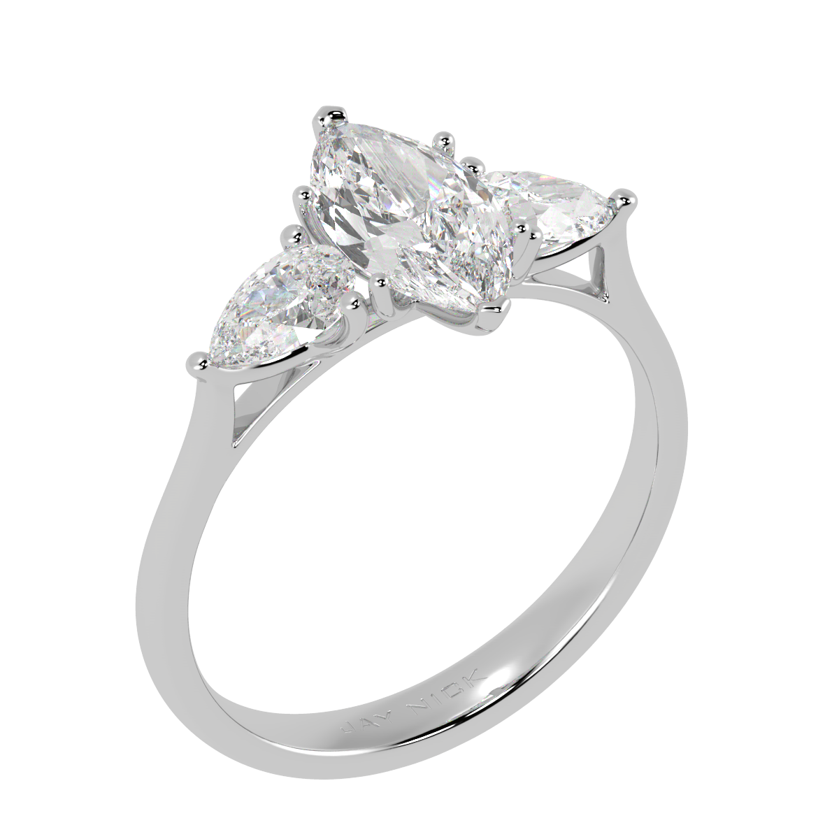 Marquise & Pear Three Stone Ring in white gold or platinum, perspective view