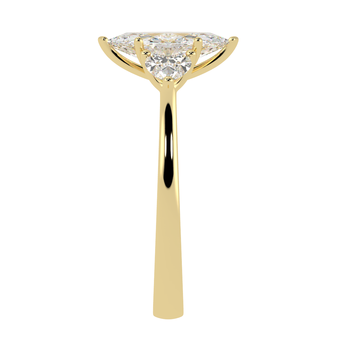 Marquise & Pear Three Stone Ring in yellow gold, side view