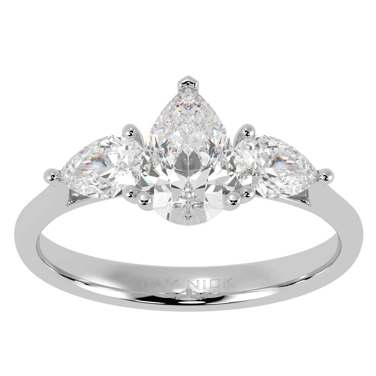 Pear Cut Three Stone Ring in white gold or platinum, top view