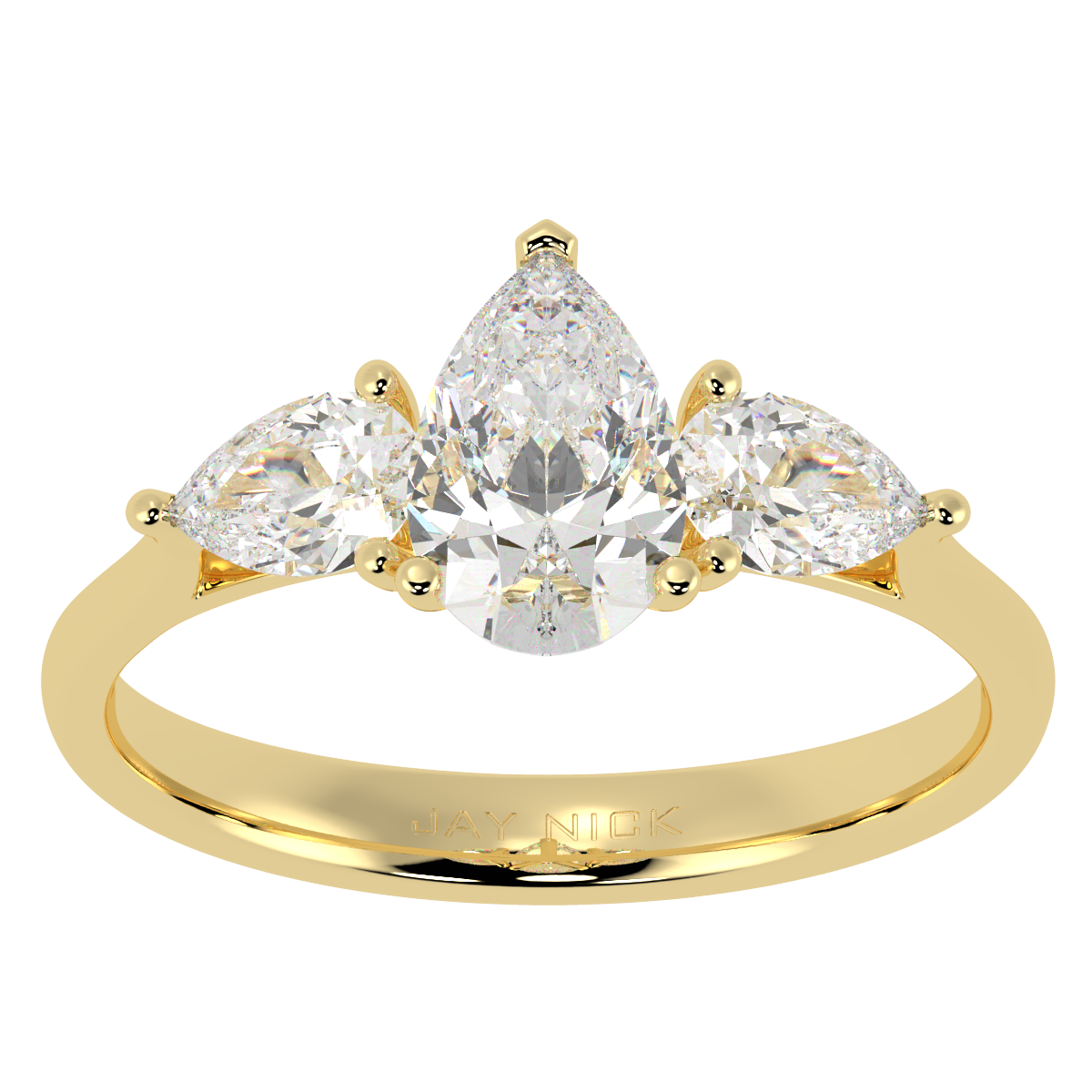 Pear Cut Three Stone Ring in yellow gold, top view