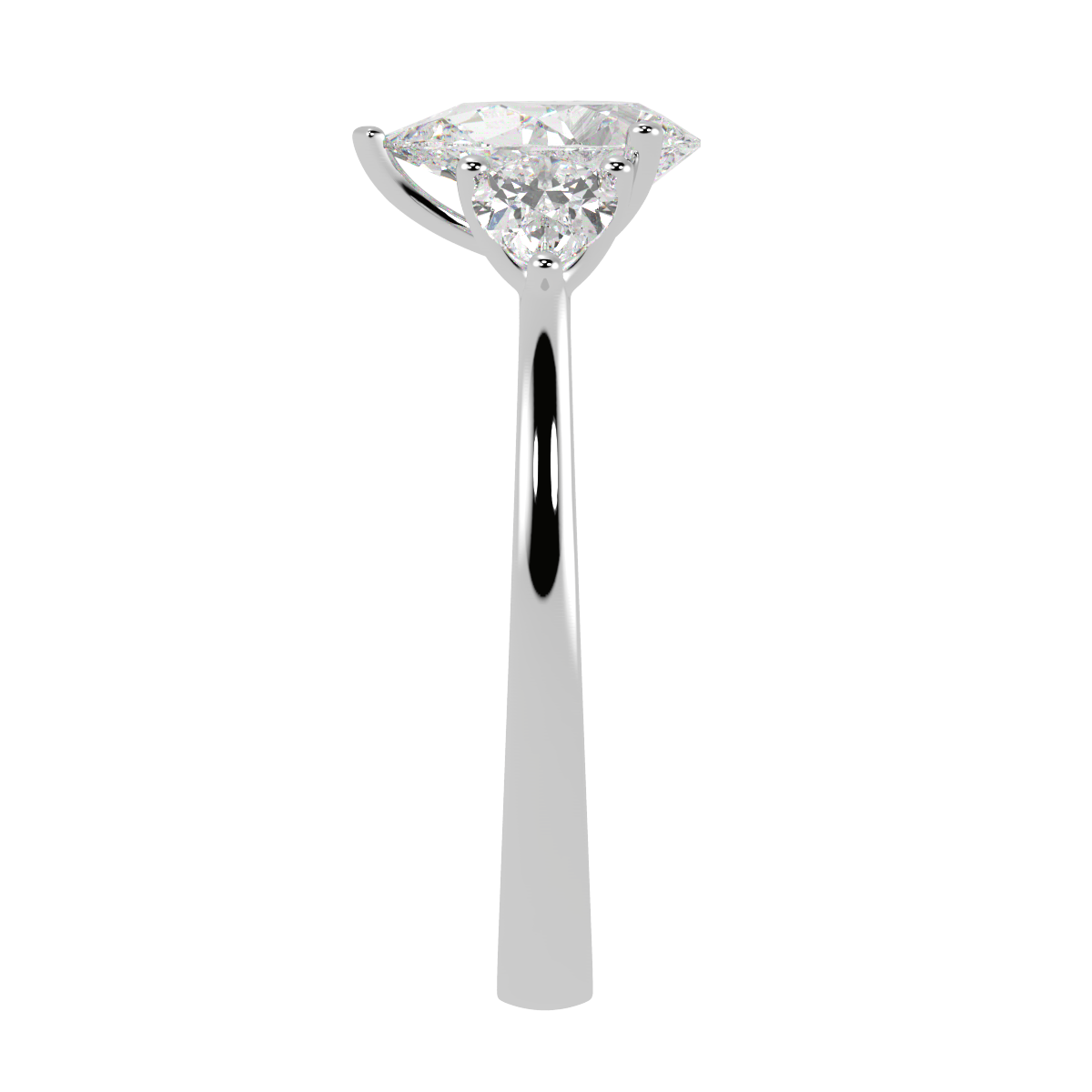 Pear Cut Three Stone Ring in white gold or platinum, side view