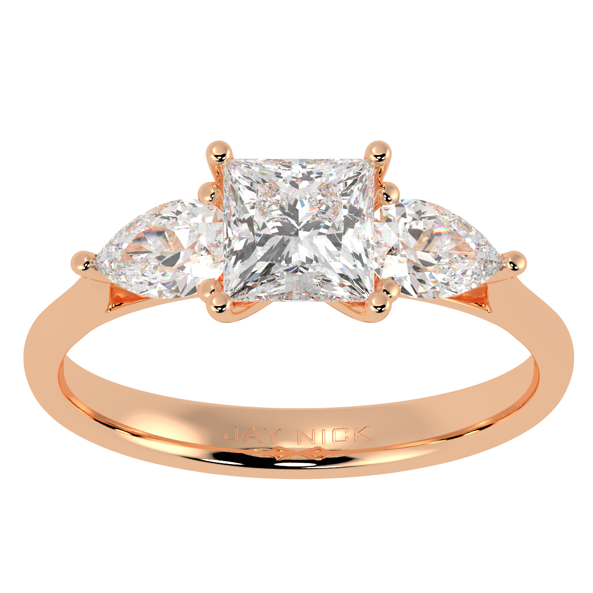 Princess & Pear Three Stone Ring in rose gold, top view