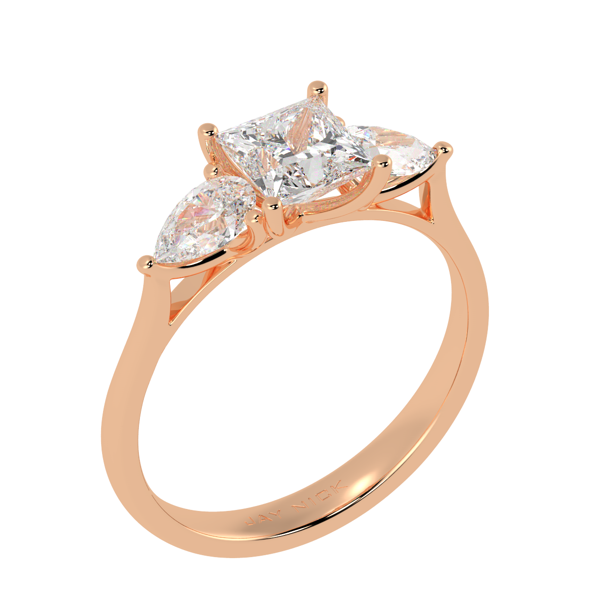Princess & Pear Three Stone Ring in rose gold, perspective view