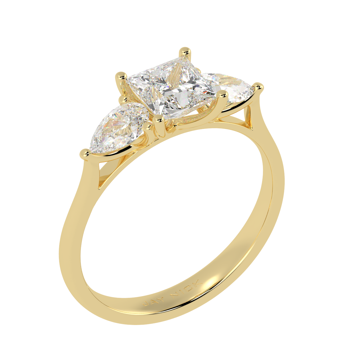 Princess & Pear Three Stone Ring in yellow gold, perspective view