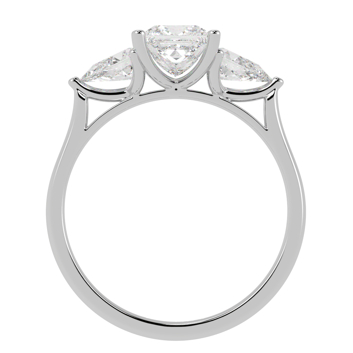 Princess & Pear Three Stone Ring in white gold or platinum, flat view