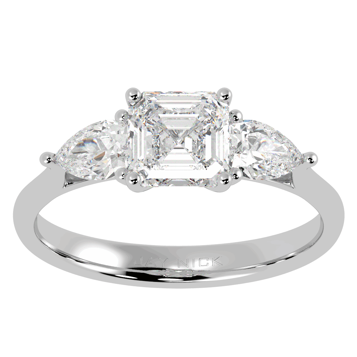 Asscher & Pear Three Stone Ring in white gold or platinum, top view