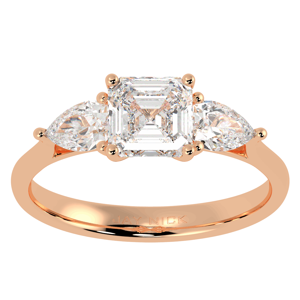 Asscher & Pear Three Stone Ring in rose gold, top view