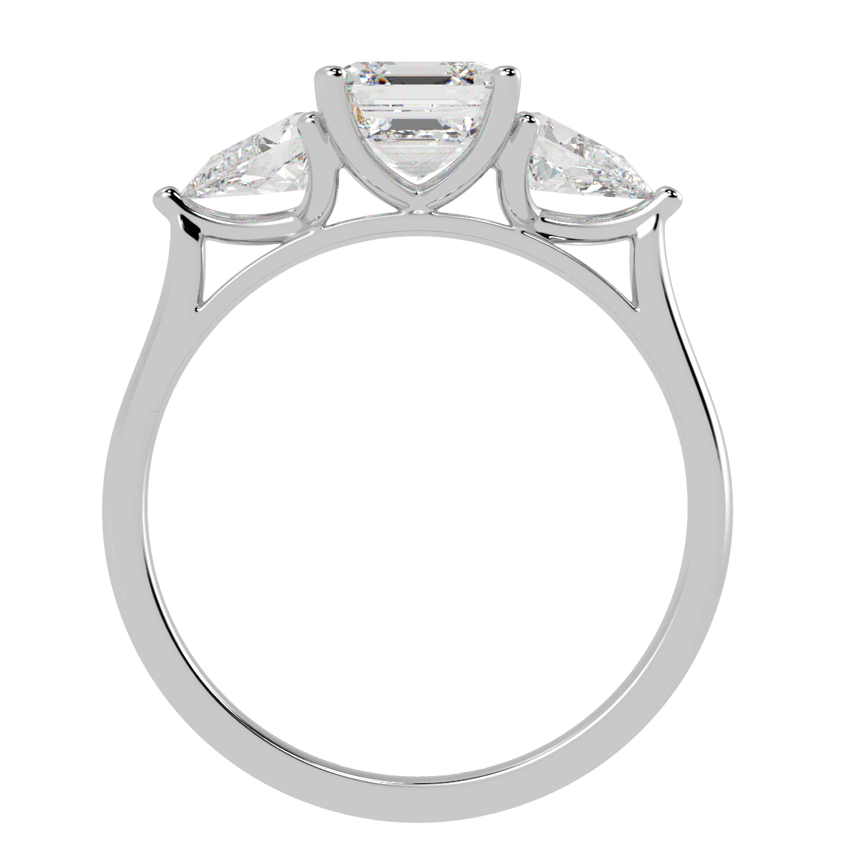 Asscher & Pear Three Stone Ring in white gold or platinum, flat view