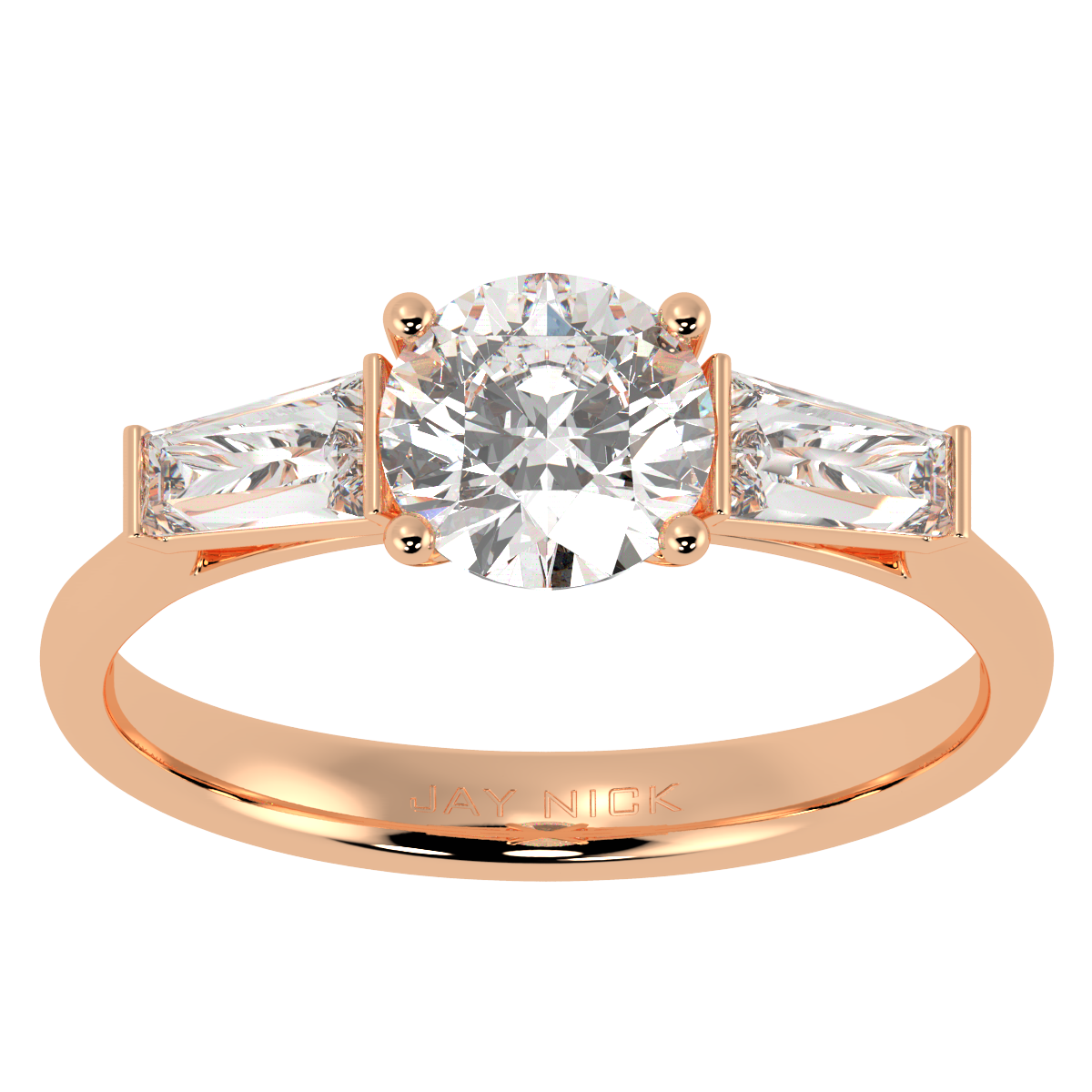 Round & Baguette Three Stone Ring in rose gold, top view