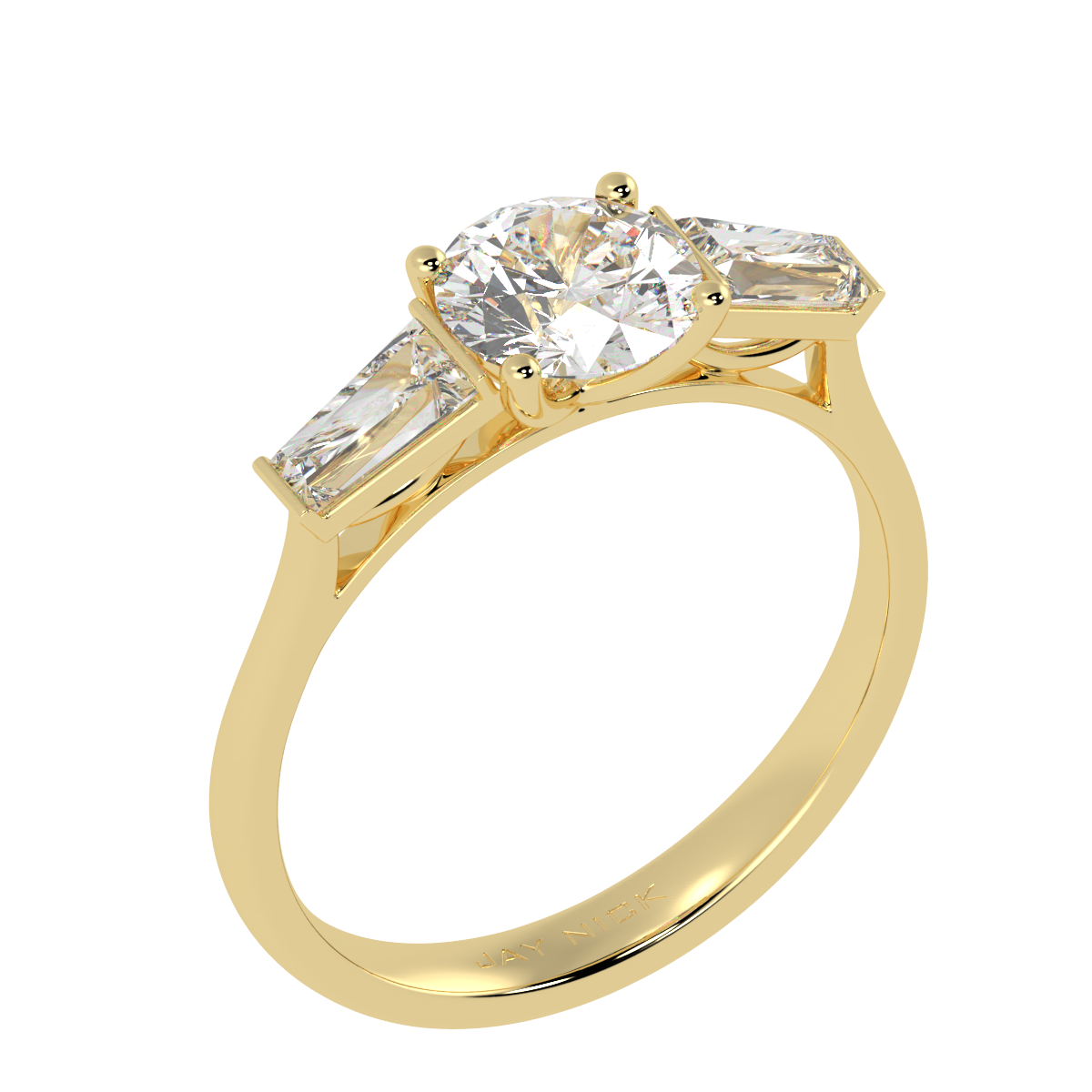 Round & Baguette Three Stone Ring in yellow gold, perspective view