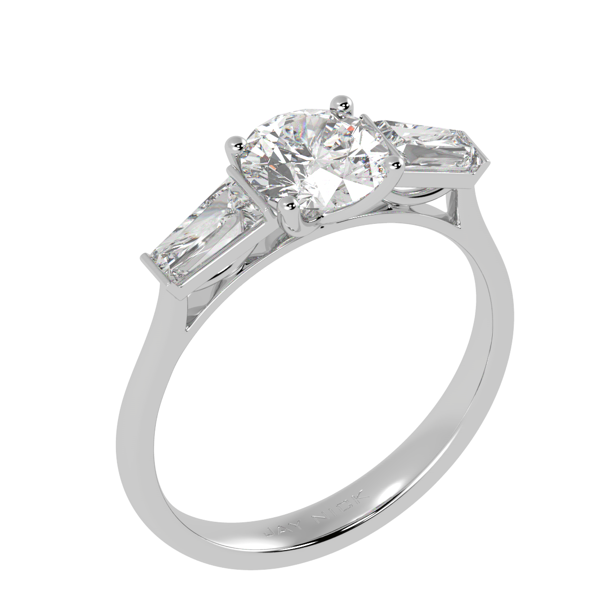 Round & Baguette Three Stone Ring in white gold or platinum, perspective view