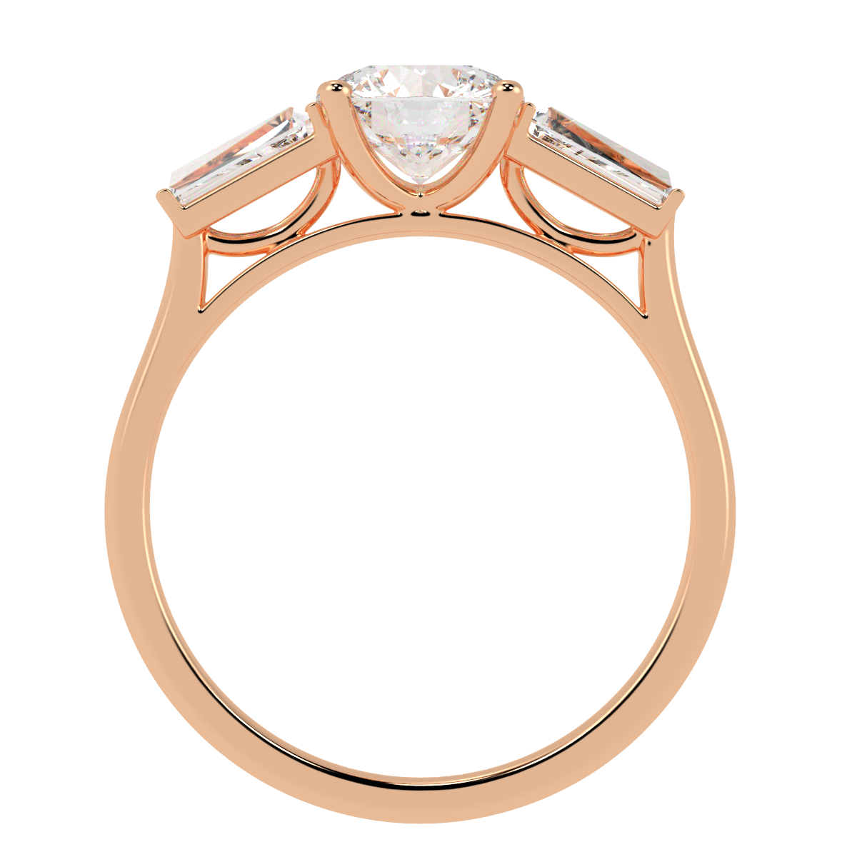Round & Baguette Three Stone Ring in rose gold, flat view