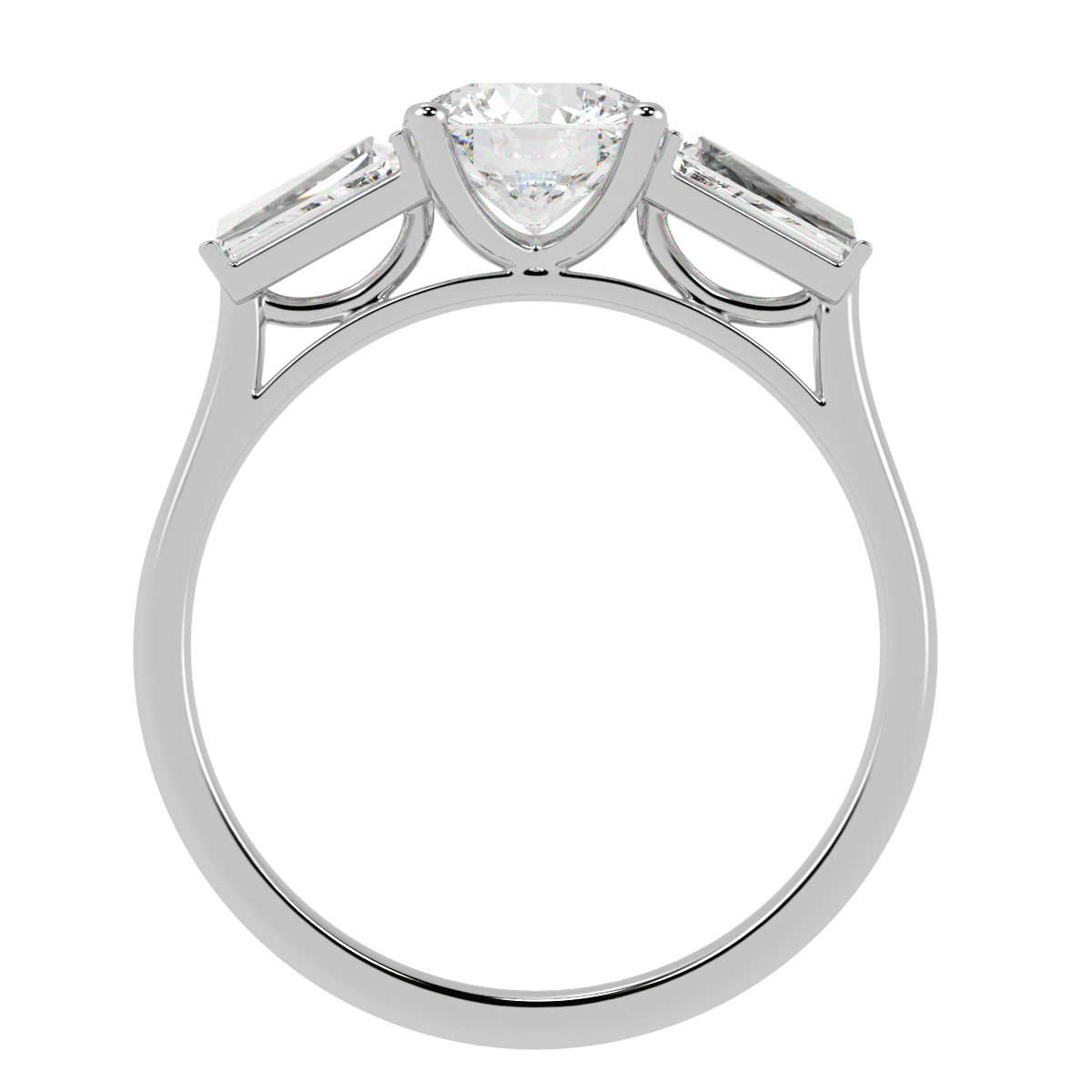 Round & Baguette Three Stone Ring in white gold or platinum, flat view