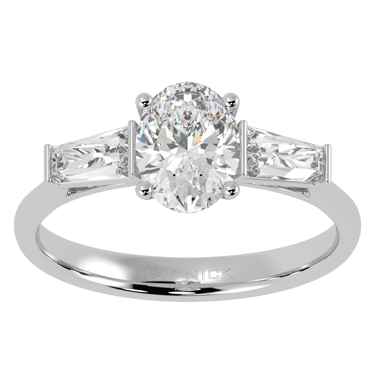 Oval & Baguette Three Stone Ring in white gold or platinum, top view