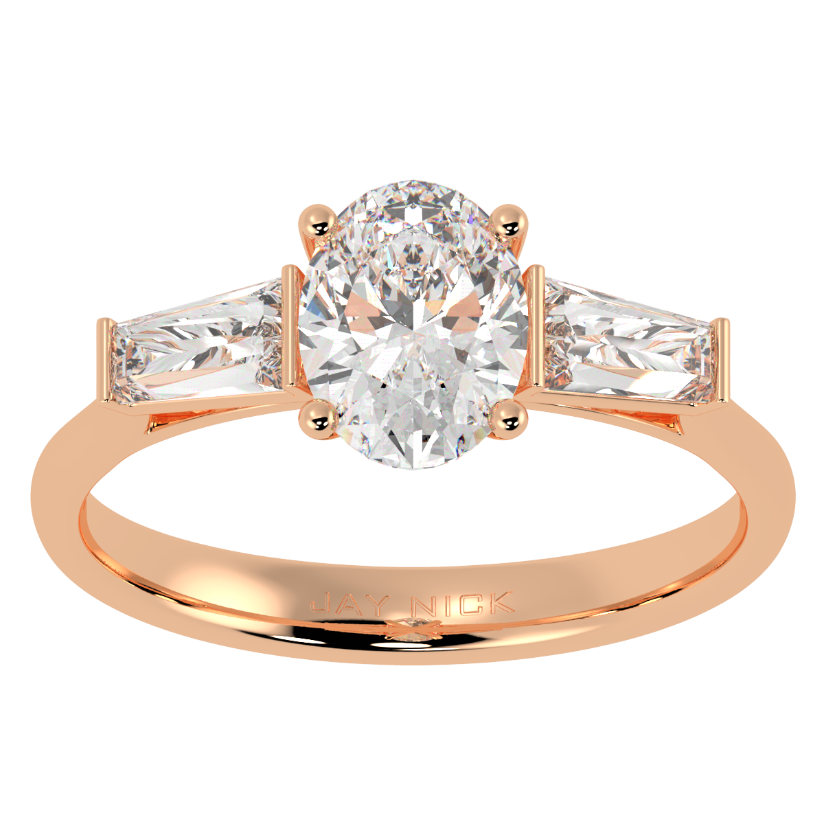 Oval & Baguette Three Stone Ring in rose gold, top view