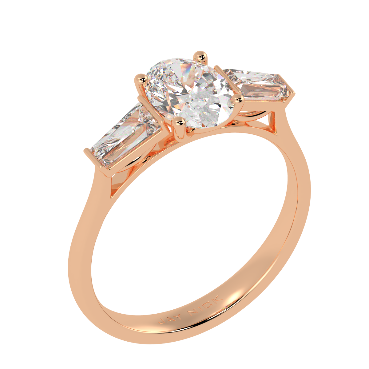 Oval & Baguette Three Stone Ring in rose gold, perspective view