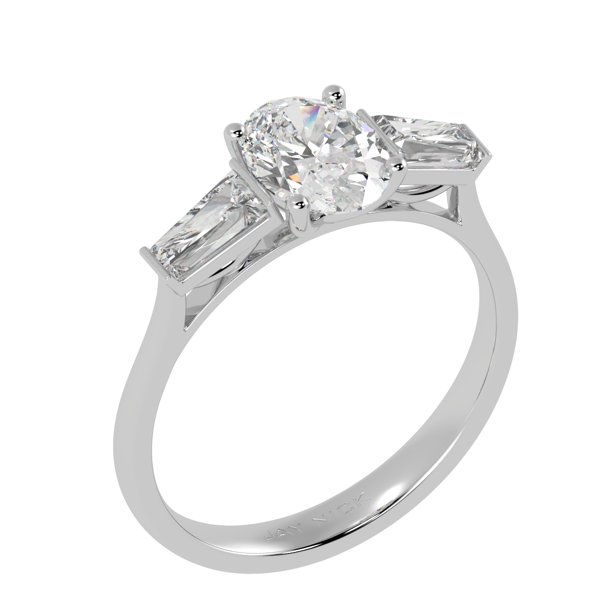 Oval & Baguette Three Stone Ring in white gold or platinum, perspective view